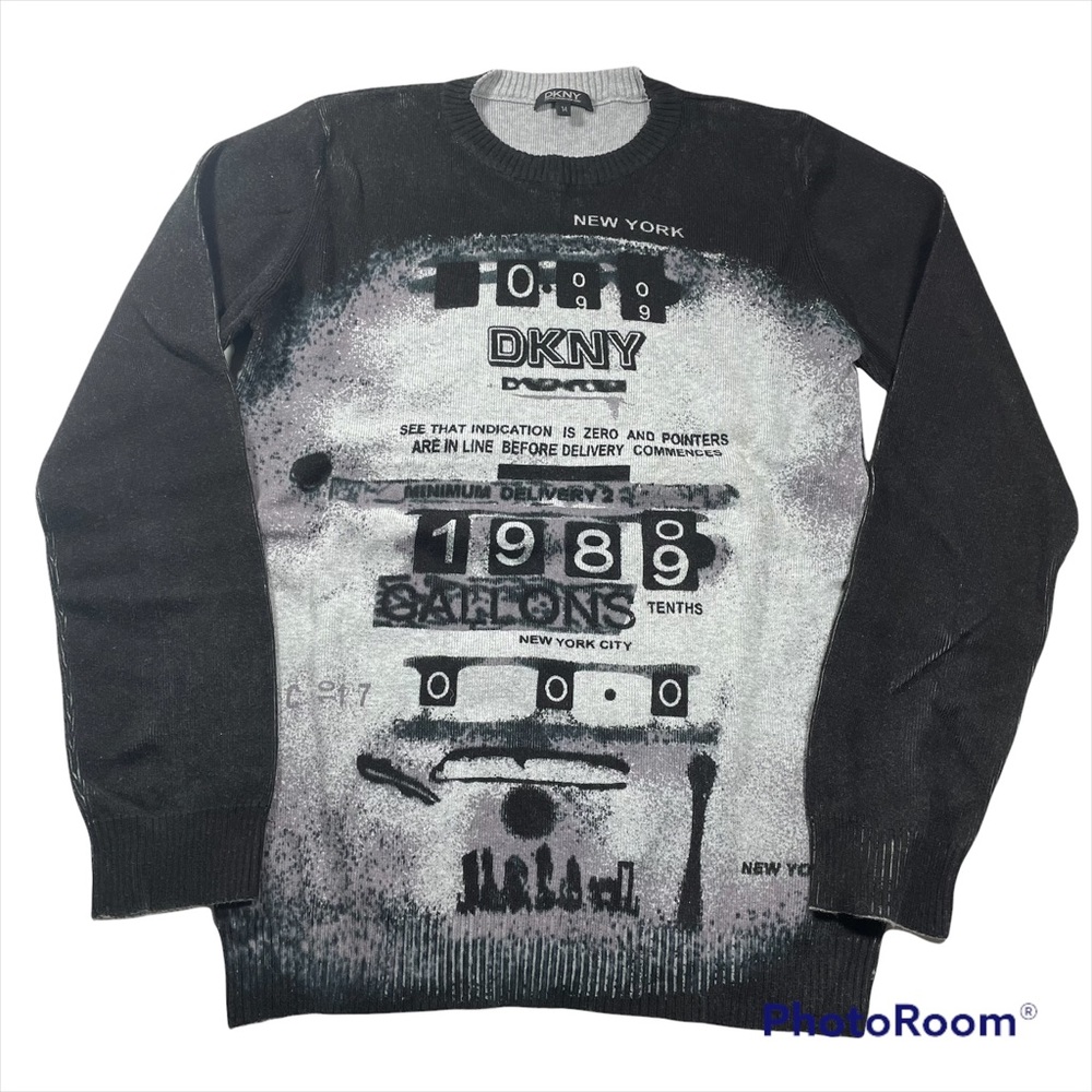 NWOT DKNY unique graphic print crew neck black sweater size 14